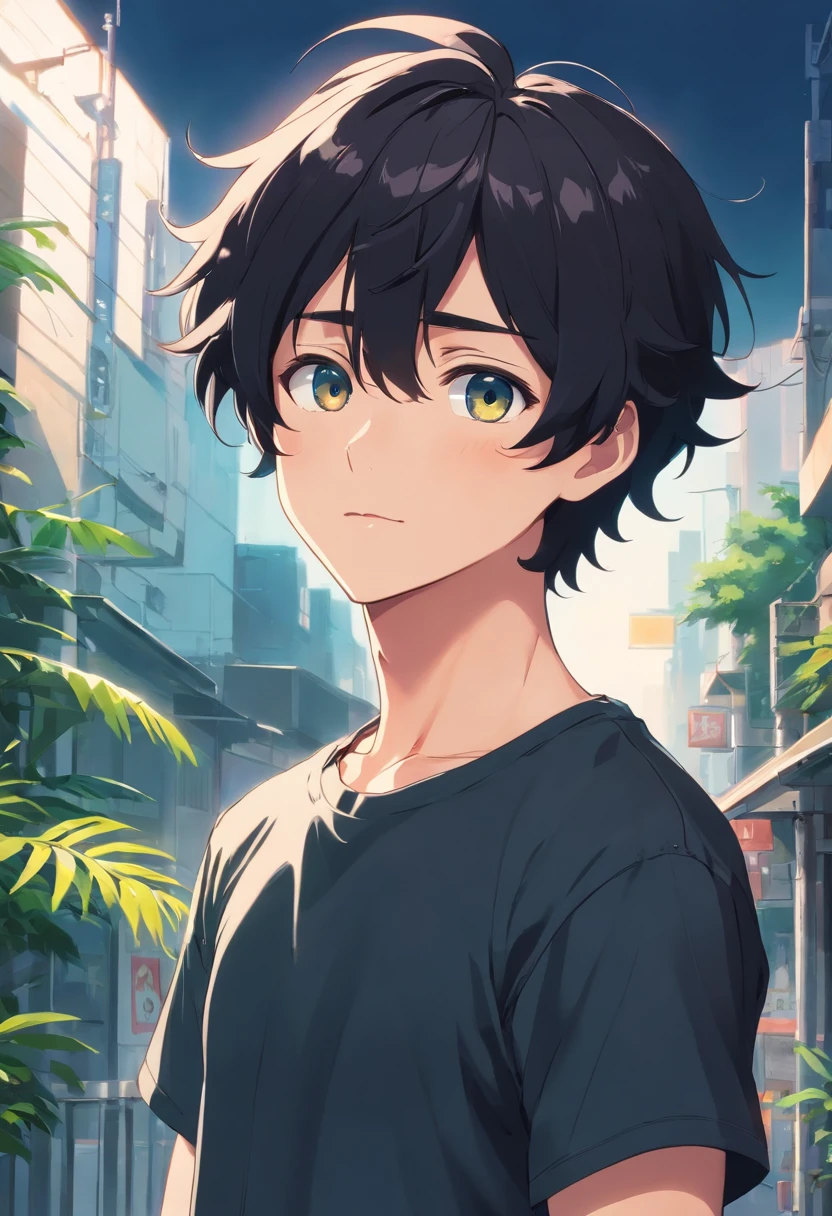 boy black hair color curly mullet eye color black t-shirt black color adult anime