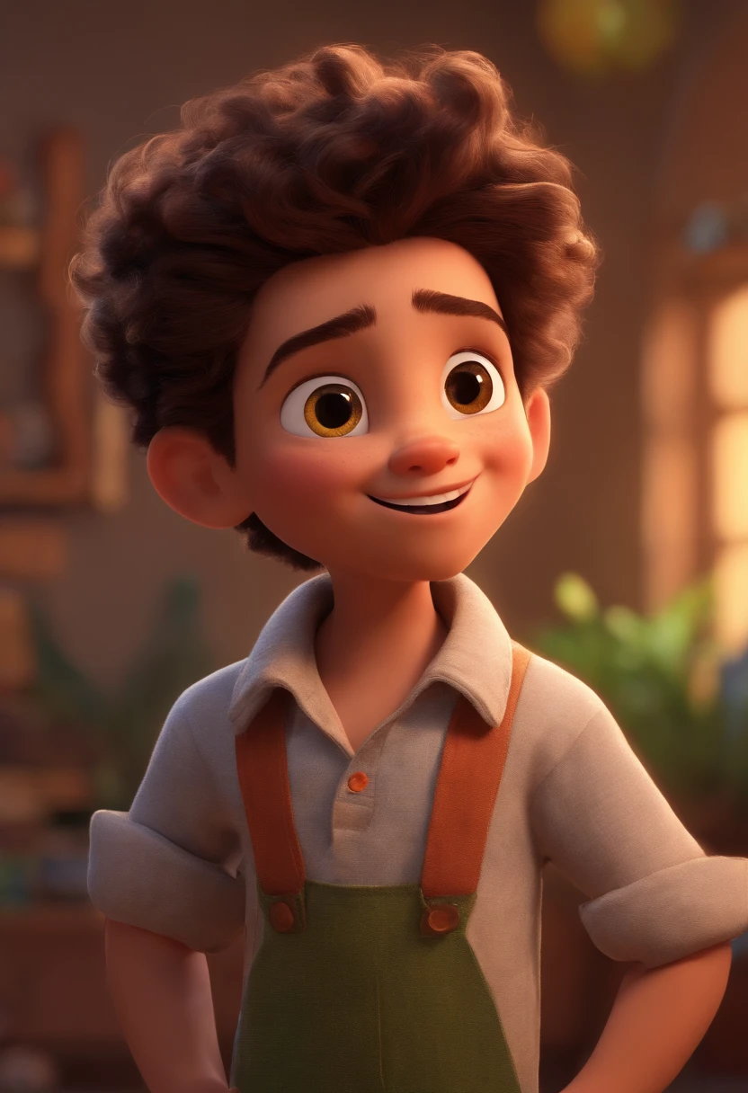 Image of a boy for a story in a YouTube video in Pixar format, He's the allabester, He's the class leader, He's outgoing, Playful and gets up for a lot of things, cabelo curto