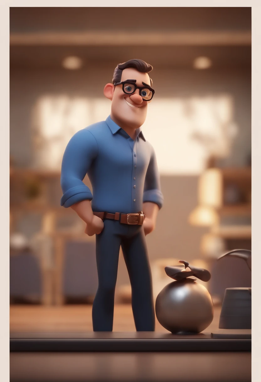 Cartoon character of a man wearing black glasses and a blue shirt, um personagem animado, Caractere estilizado, animation style rendering, 3D estilizado, Arnold Maya render, 3 d render stylized, toon render keyshot, Personagem 3D, Personagem 3D, 3d rendering stylized, 3 d character render, personagem de desenho animado, Personagem de close up, Pose de personagem, (Estilo Pixar) (master part:1.2) (Bokeh) (best quality) (pele detalhada) (textura detalhada) (8k) (argila) (Cinematic lighting) (foco nítido，Senta e vaza a parte superior do corpo