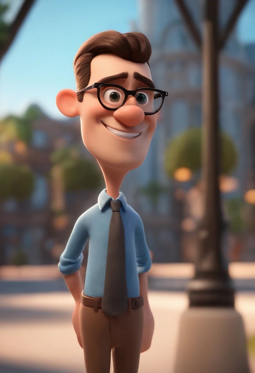 Cartoon character of a man wearing black glasses and a blue shirt, um personagem animado, Caractere estilizado, animation style rendering, 3D estilizado, Arnold Maya render, 3 d render stylized, toon render keyshot, Personagem 3D, Personagem 3D, 3d rendering stylized, 3 d character render, personagem de desenho animado, Personagem de close up, Pose de personagem, (Estilo Pixar) (master part:1.2) (Bokeh) (best quality) (pele detalhada) (textura detalhada) (8k) (argila) (Cinematic lighting) (foco nítido,Senta e vaza a parte superior do corpo