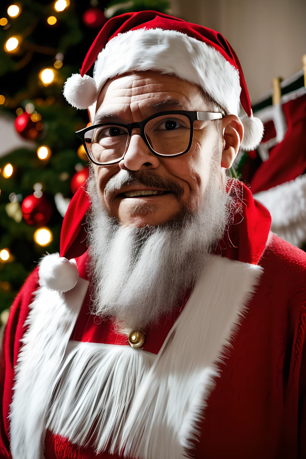 Create a portrait of a man wearing glasses, dressed as Santa Claus with a white beard and characteristic attire. He will be in a living room next to a Christmas tree surrounded by gifts. Focus on the man and allow the depth of field in the photograph to extend to the rest of the scene, ensuring intricate and realistic details. The photography will be professional, with chiaroscuro studio lighting.