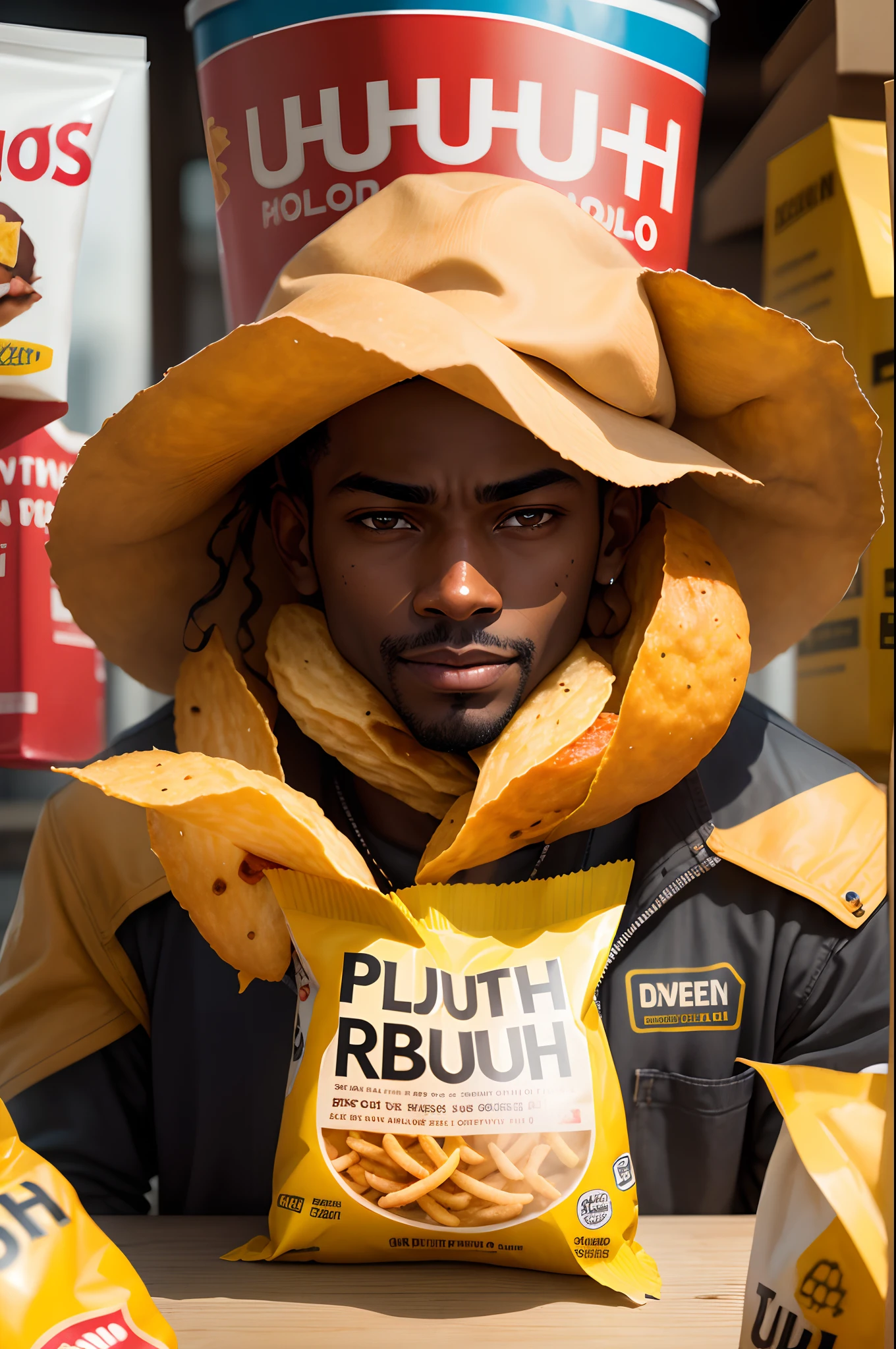 Dark skinned man holding large barbeque chips with the text "pluh" on the chip bag