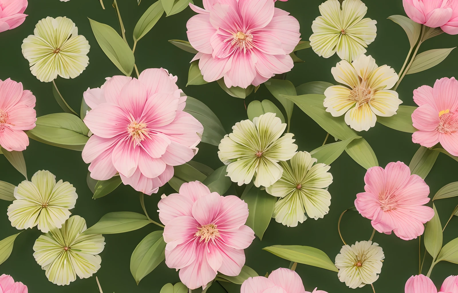Seamless pattern, pink azaleas with light green leaves and a darker green background
