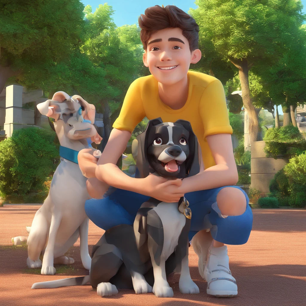 Lucas is a smiling -yeld hu boy, com seu fiel amigo, Bolt, o cachorro schnauzer, deitados no jardim