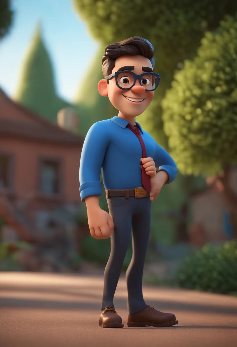 Cartoon character of a man wearing black glasses and a blue shirt, um personagem animado, Caractere estilizado, animation style rendering, 3D estilizado, Arnold Maya render, 3 d render stylized, toon render keyshot, Personagem 3D, Personagem 3D, 3d rendering stylized, 3 d character render, personagem de desenho animado, Personagem de close up, Pose de personagem, (Estilo Pixar) (master part:1.2) (Bokeh) (best quality) (pele detalhada) (textura detalhada) (8k) (argila) (Cinematic lighting) (foco nítido,Senta e vaza a parte superior do corpo