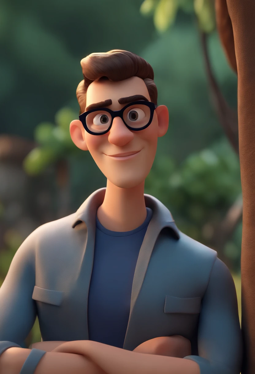 Cartoon character of a man wearing black glasses and a blue shirt, um personagem animado, Caractere estilizado, animation style rendering, 3D estilizado, Arnold Maya render, 3 d render stylized, toon render keyshot, Personagem 3D, Personagem 3D, 3d rendering stylized, 3 d character render, personagem de desenho animado, Personagem de close up, Pose de personagem, (Estilo Pixar) (master part:1.2) (Bokeh) (best quality) (pele detalhada) (textura detalhada) (8k) (argila) (Cinematic lighting) (foco nítido,Senta e vaza a parte superior do corpo