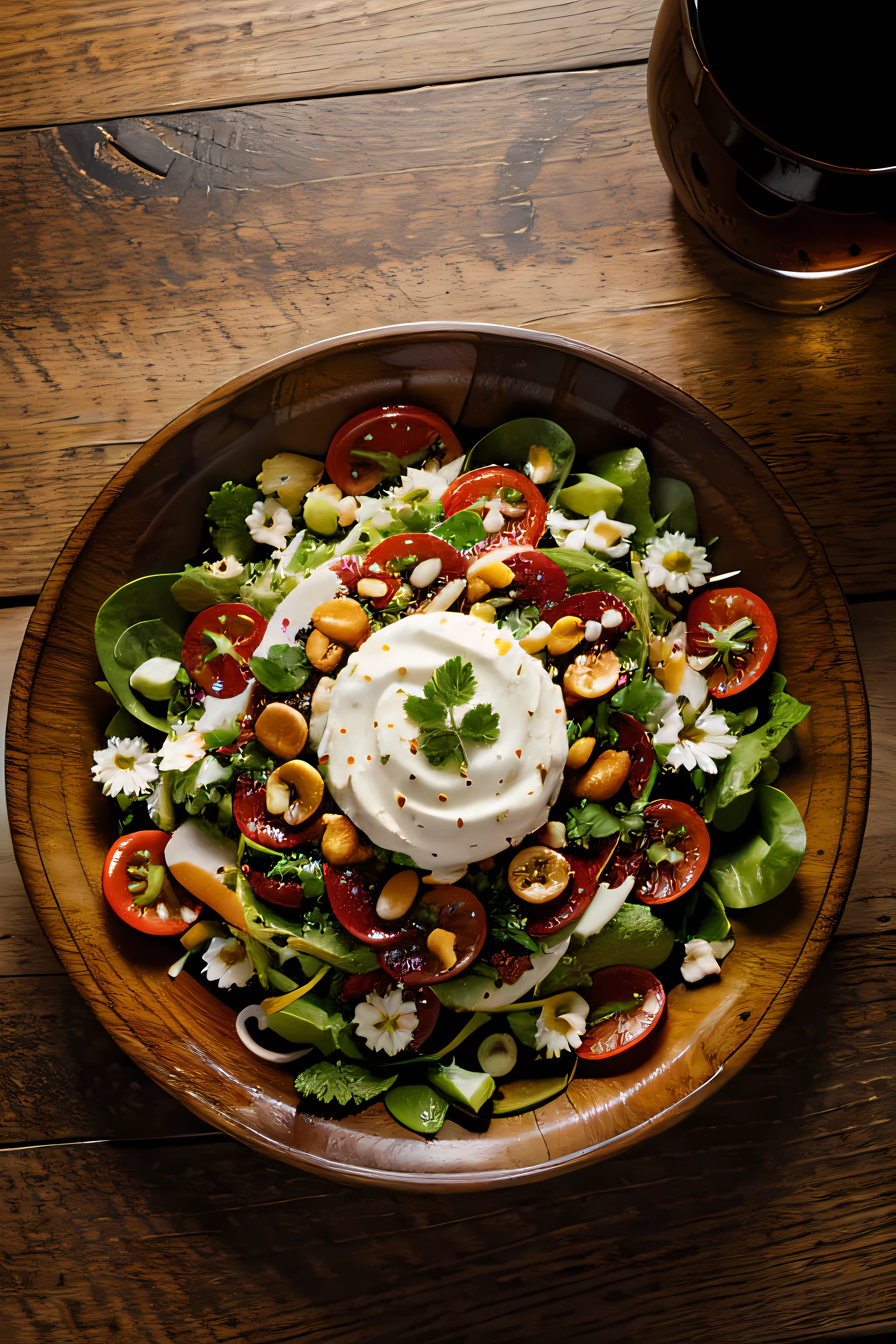 top view, photography of salad dish on wooden table, food photography, photorealistic, HD, epic photo, dynamic, cinematic, dark background, fine details, top view