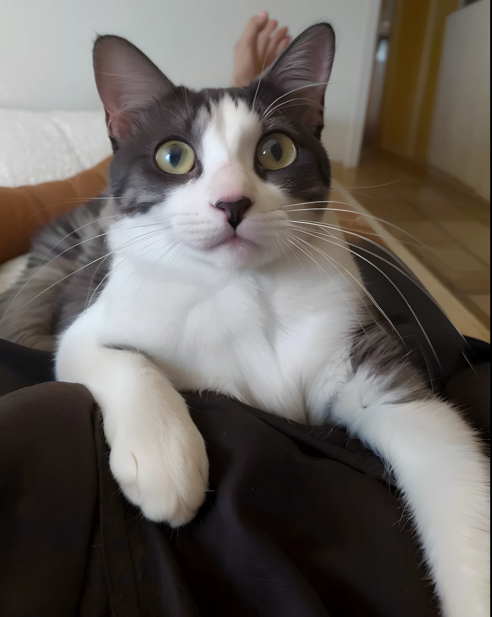 there is a cat that is lying on a person's lap, staring directly at camera, staring directly at camera, Looking towards the camera, is looking at the camera, screaming at the camera, lovingly looking at camera, Smokey, looking-into-camera, muito bobo olhando, looking-into-camera, looks into the camera, muito bonito