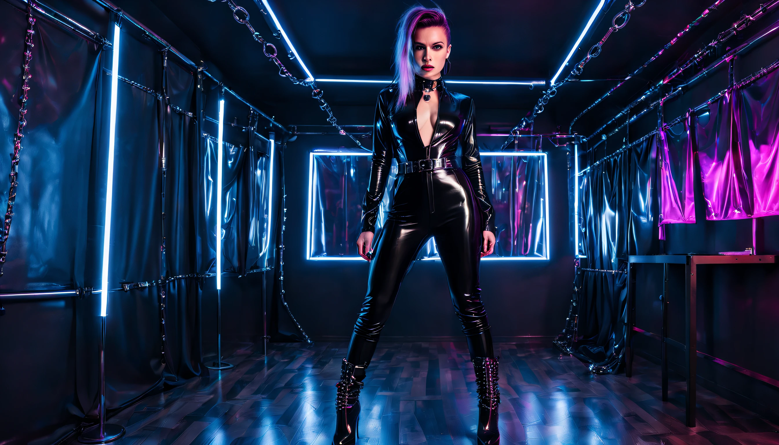 cyberpunk woman wearing black shiny low-cut pvc jumpsuit , wearing thigh high boots , chains , spikes and studs , in cyberpunk room with pvc curtains and pvc sheet at night , inlightened with neons