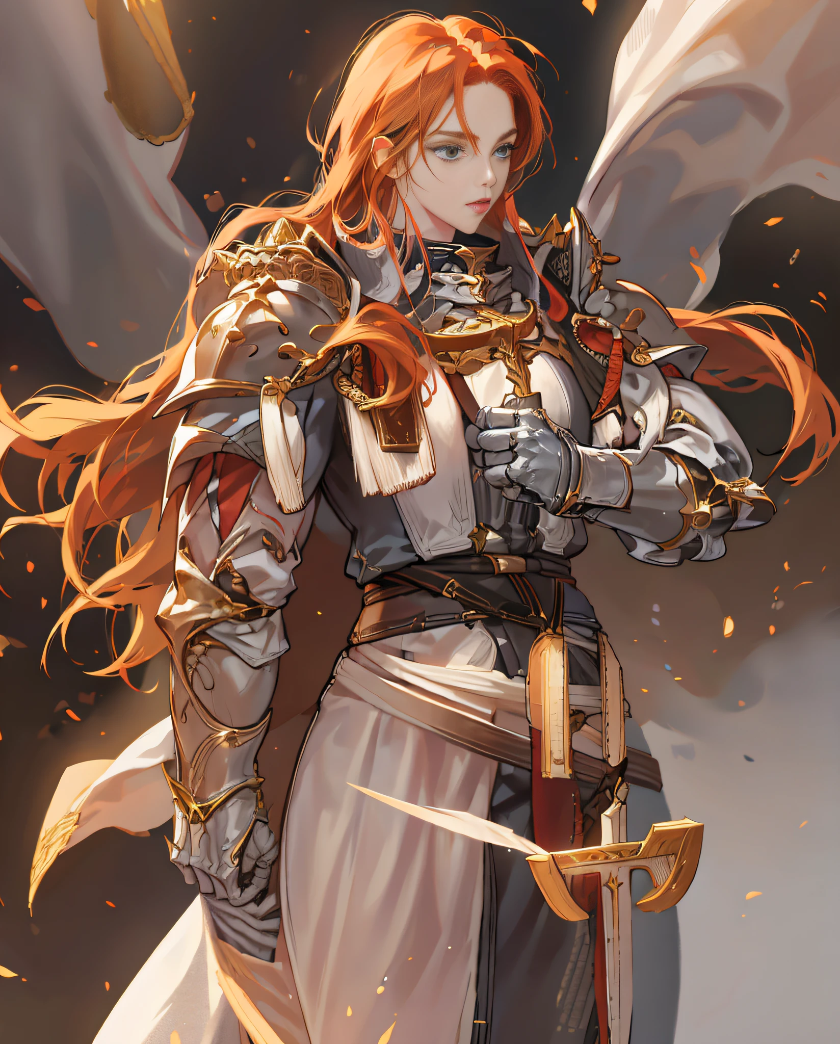 girl, realistic anime, ager, long ginger hair, toned muscles, very strong, paladin, white and golden armor