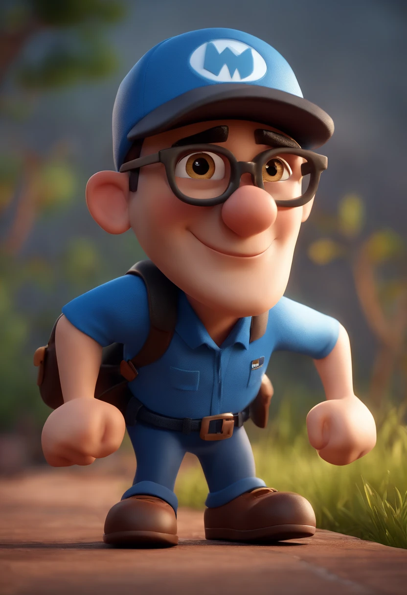 Cartoon character of a man with black glasses and cap and a blue shirt, animation character, Caractere estilizado, animation style rendering, 3D estilizado, Arnold Maya render, 3 d render stylized, toon render keyshot, Personagem 3D, Personagem 3D, 3d rendering stylized, 3 d character render, personagem de desenho animado, Personagem de close up, Pose de personagem, (Estilo Pixar) (master part:1.2) (Bokeh) (best quality) (pele detalhada) (textura detalhada) (8k) (argila) (Cinematic lighting) (foco nítido