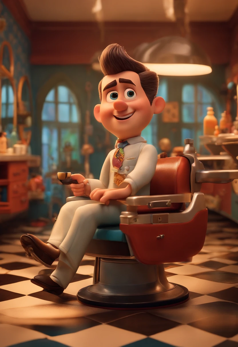 A Dream Barber Inspired by Pixar Animation, de perto. The character takes center stage with captivating facial expressions, oferecendo um toque de irrealidade, Cabelo curto e gordinho gradiente
