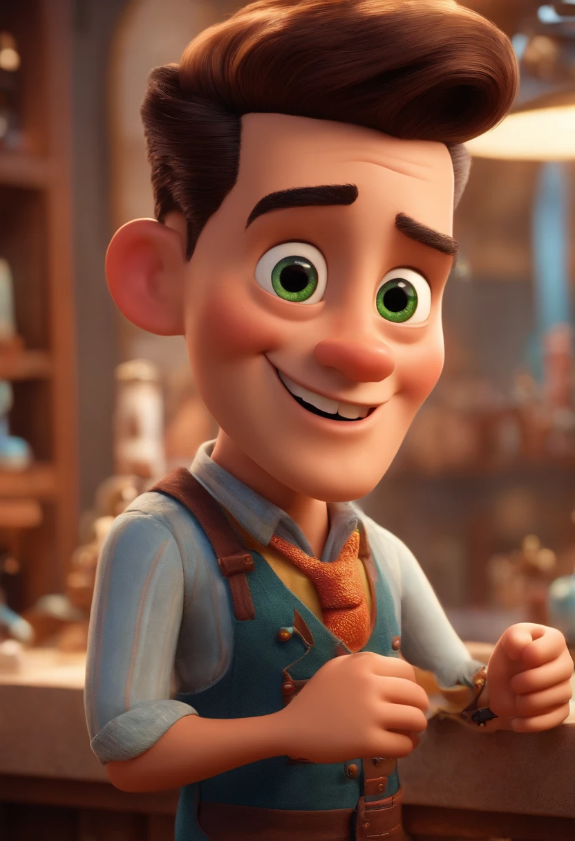 A Dream Barber Inspired by Pixar Animation, de perto. The character takes center stage with captivating facial expressions, oferecendo um toque de irrealidade, Cabelo curto e gordinho gradiente