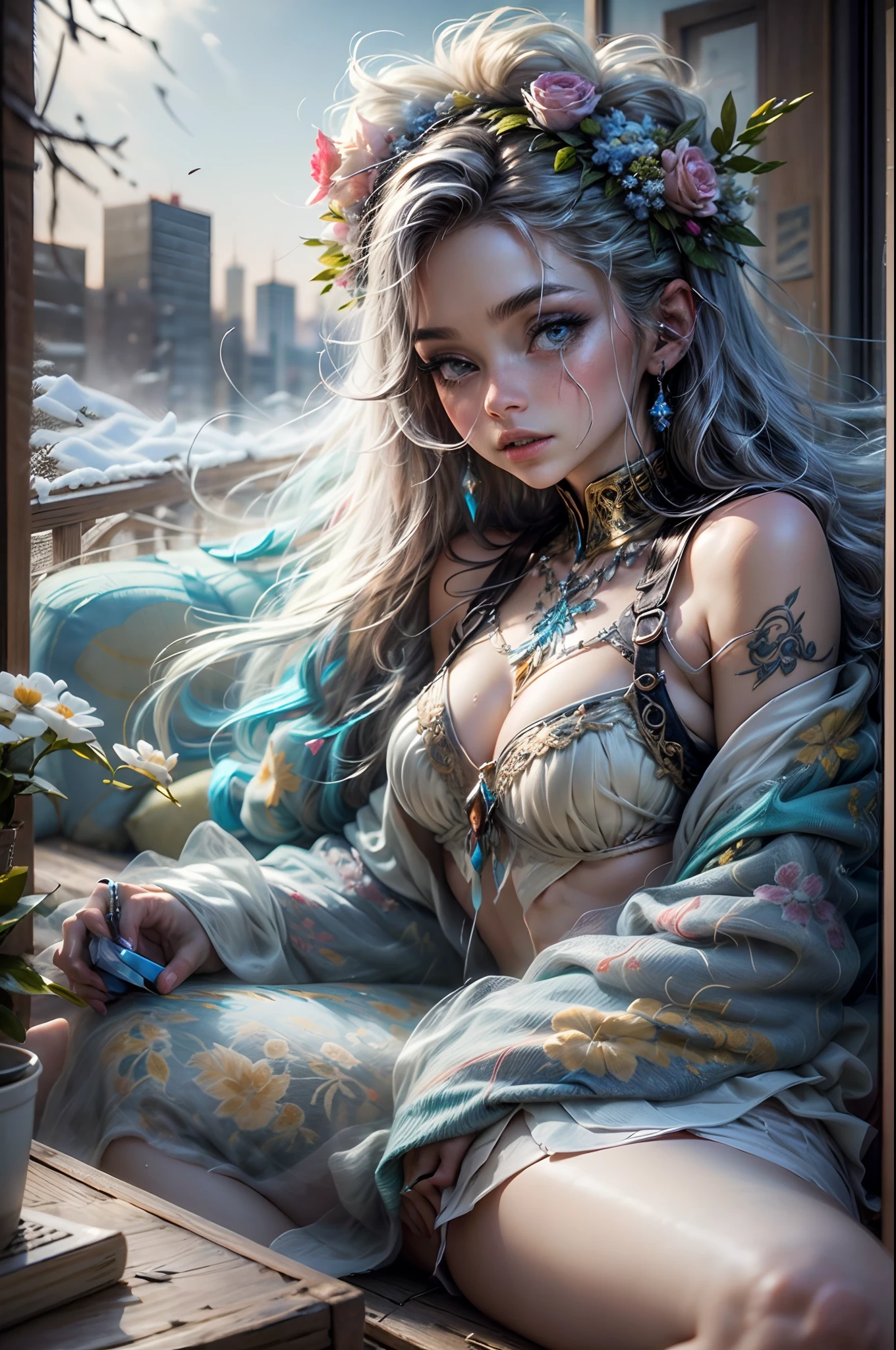 Il s’agit d’une œuvre d’art fantastique réaliste se déroulant dans un paysage hivernal froid sous zéro. Générer un, élégant, et gracieux (((Pocahontas))) elfe dans un monde magique de roses dorées époustouflantes avec des couleurs multiples et de la glace scintillante scintillant dans la lumière. Son visage est élégant et d’âge moyen et comprend des nuances réalistes, Des caractéristiques incroyablement détaillées et distinctes, ((Bouche douce gonflée et embrassable avec un arc de cupidon défini)), et (yeux réalistes). (Ses yeux sont importants) et devrait être (Beaux yeux détaillés avec des détails macro), Des détails réalistes, et une gamme changeante de belles couleurs bleues. Ses vêtements doivent être délicatement filés en apesanteur, aéré, et de la soie gossamer coûteuse avec des broderies florales délicates et très subtiles, (((de nombreuses couches chaudes))), et une variété de couleurs complémentaires ainsi que beaucoup de fourrure luxueuse. Ses seins sont subtils et ses vêtements sont très chauds et lourds. Cette image est incroyablement créative et souligne les beaux détails des roses dorées et la neige pure sur la glace ornée. Inclure de beaux flocons de neige détaillés, air glacé, et colombes magiques. Inclure des cailloux, pierres, Bosses, Briller, et irisation. caméra: Utiliser des techniques de composition dynamique pour attirer le spectateur dans la scène. éclairage: Rehaussez les paillettes de la neige et de la glace et mettez l’accent sur l’aspect hivernal fantastique de l’image. Inspirez-vous des meilleurs maîtres du genre et de l’art tendance Midjourney et ArtStation.