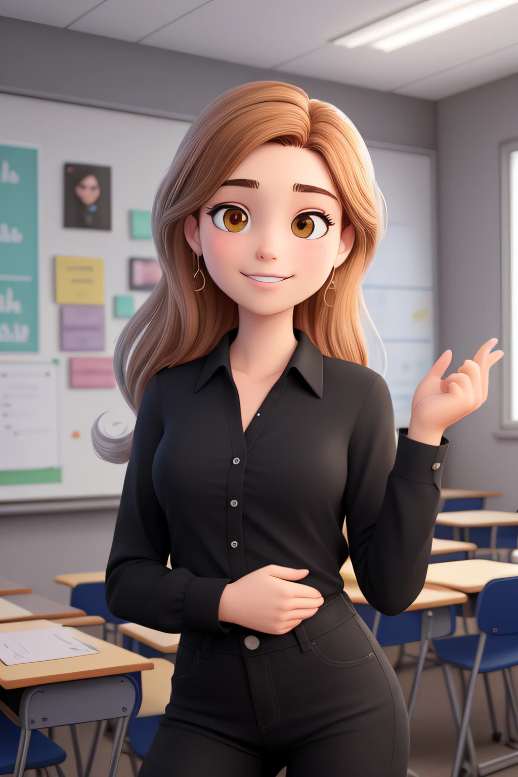 Uma mulher de 18 anos, com longos cabelos castanhos escuros , Rosto redondo, sorriso encantador, e olhos castanhos, In a classroom, studio lighting, sign language interpreter and sign language teacher. She's wearing black clothes, blouse and black jeans