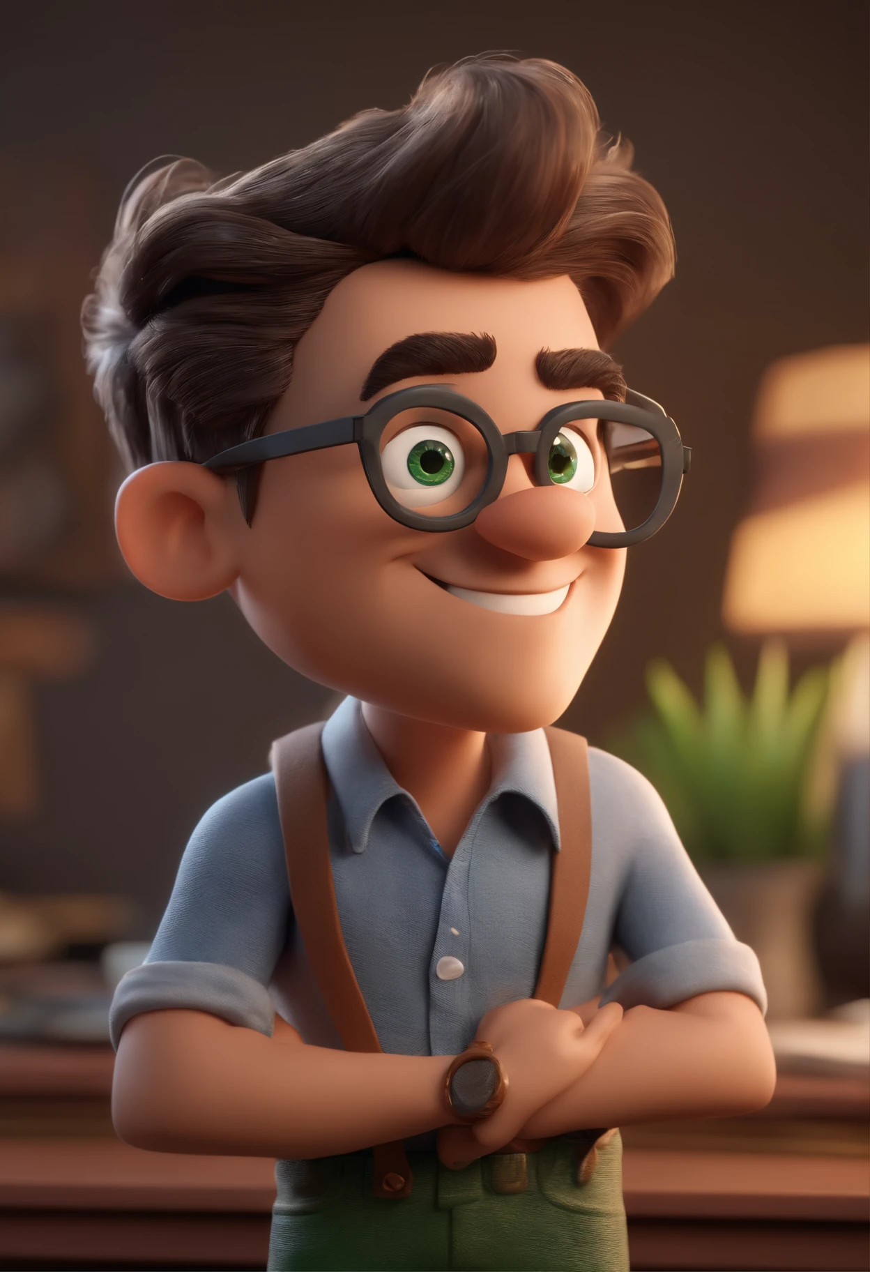 Cartoon character of a man with blue glasses, green eyes and a gray shirt, animation character, Caractere estilizado, animation style rendering, 3D estilizado, Arnold Maya render, 3 d render stylized, toon render keyshot, Personagem 3D, Personagem 3D, 3d rendering stylized, 3 d character render, personagem de desenho animado, Personagem de close up, Pose de personagem,  (Estilo Pixar) (master part:1.2) (Bokeh) (best quality) (pele detalhada) (textura detalhada) (8k) (argila) (Cinematic lighting) (foco nítido