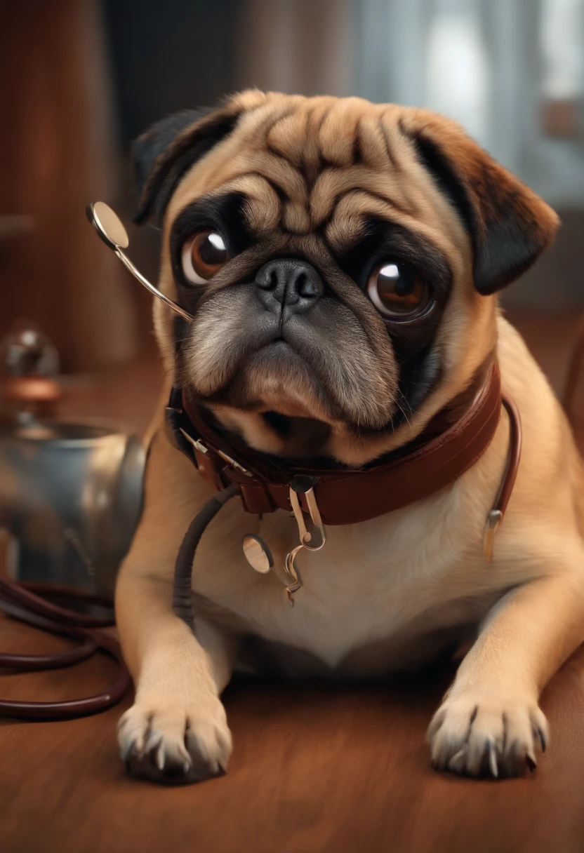 Create a pixar-style character man vet using a stethoscope, segurando no colo uma pug femea, com cabelo curso, Hazel brown eyes
