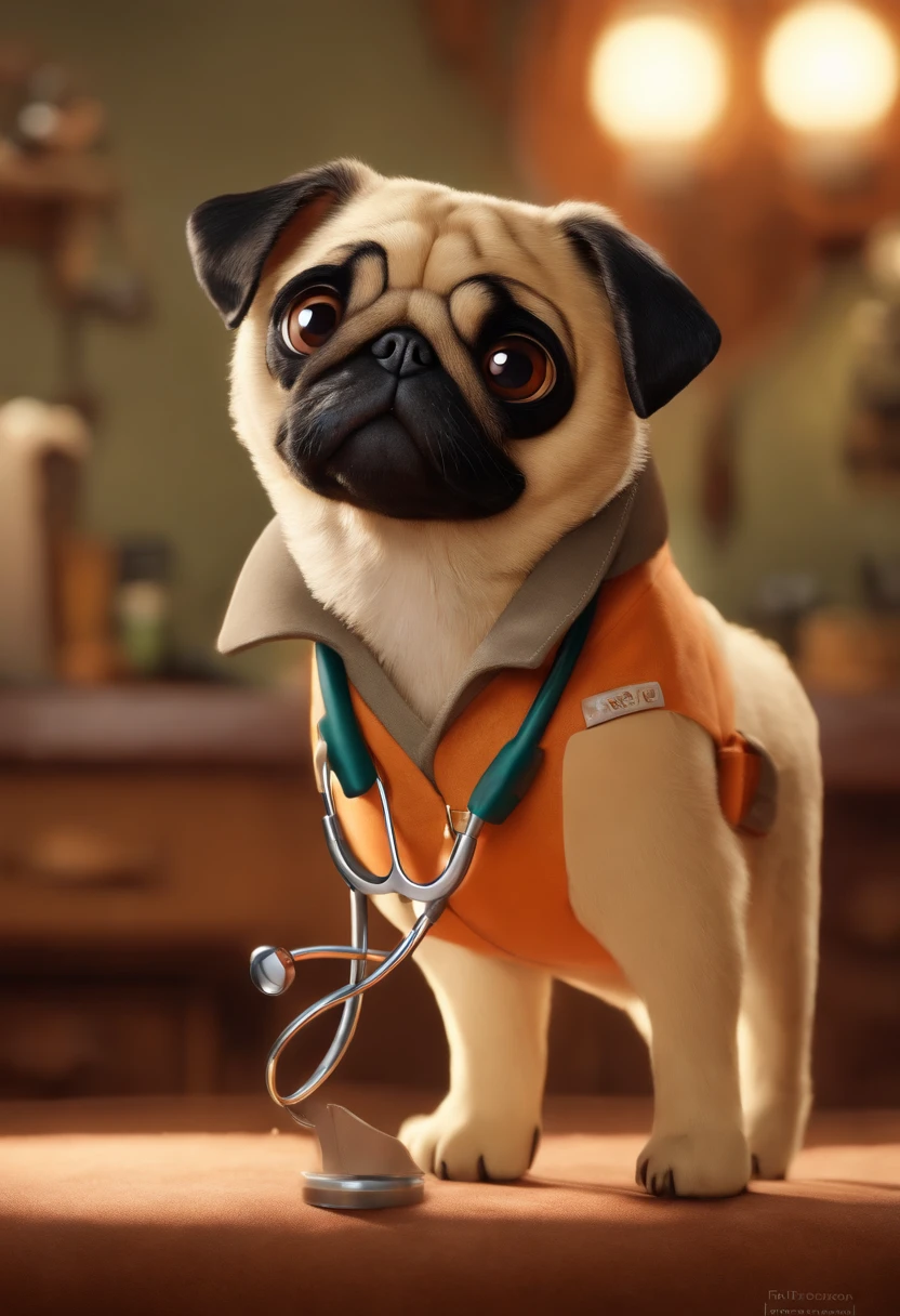 Create a pixar-style character man vet using a stethoscope, segurando no colo uma pug femea, com cabelo curso, Hazel brown eyes
