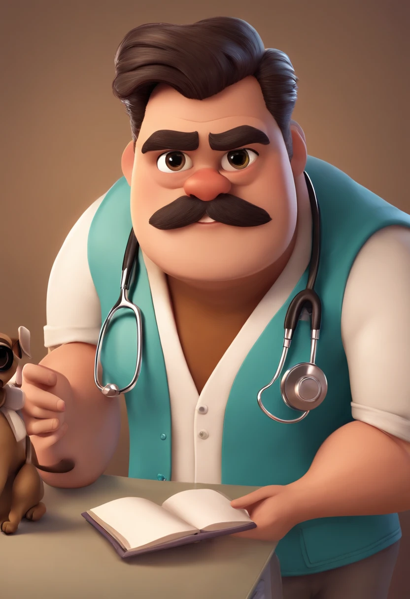 Create a pixar-style character man vet using a stethoscope, segurando no colo uma pug femea, com cabelo curso, Hazel brown eyes
