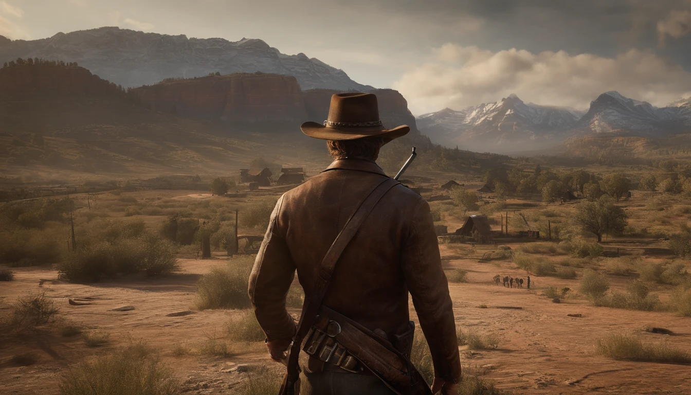 Create an amazing image for the following scene from this text:《Red Dead Redemption 2》Full-body photo, close-up, of multiple gunmen shooting in the same direction, show guns firing, detailed portrait, high resolution, realistic colors, intricate design, vibrant colors, dramatic lighting, Whole body, from feet to top; American Wild West, next to a farmhouse, Set inspired by Red Dead Redemption 2, cinematic composition, action-packed scene. Gere uma imagem tamanho 16:9.