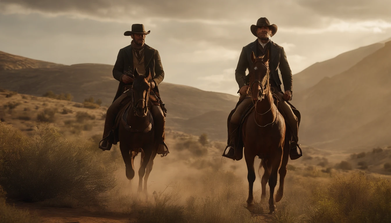 Create an amazing image for the following scene from this text:《Red Dead Redemption 2》Full-body photo, close-up, of multiple gunmen shooting in the same direction, show guns firing, detailed portrait, high resolution, realistic colors, intricate design, vibrant colors, dramatic lighting, Whole body, from feet to top; American Wild West, next to a farmhouse, Set inspired by Red Dead Redemption 2, cinematic composition, action-packed scene. Gere uma imagem tamanho 16:9.