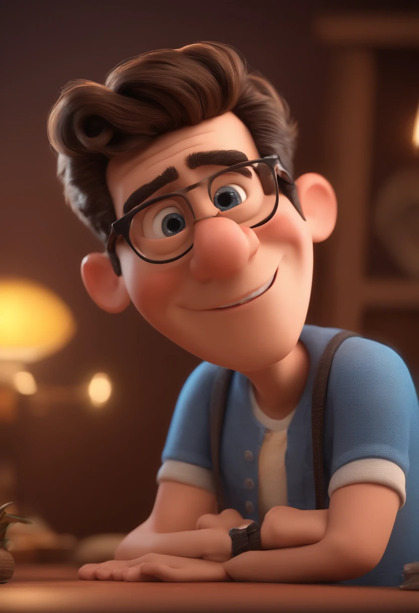 Cartoon character of a man with black glasses and a blue shirt, animation character, Caractere estilizado, animation style rendering, 3D estilizado, Arnold Maya render, 3 d render stylized, toon render keyshot, Personagem 3D, Personagem 3D, 3d rendering stylized, 3 d character render, personagem de desenho animado, Personagem de close up, Pose de personagem,  (Estilo Pixar) (master part:1.2) (Bokeh) (best quality) (pele detalhada) (textura detalhada) (8k) (argila) (Cinematic lighting) (foco nítido