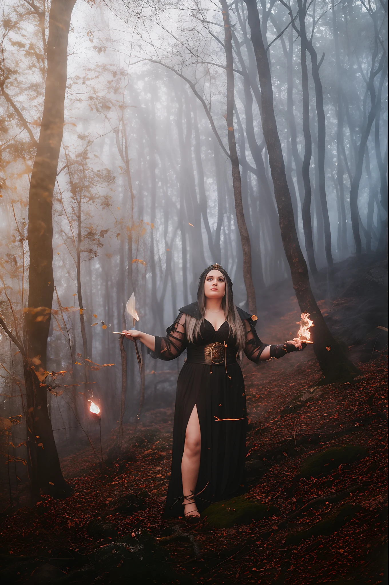 Woman in a black dress standing in a forest, Feiticeira do Fogo Maligno na Mata, Female mage conjuring a spell, Bruxa na floresta, Queima de bruxas, mulher em uma floresta escura, ritual da floresta, casting a protection spell, casting a fire spell, the sorceress casting a fireball, Conto de fadas de bruxa, fantasy photoshoot