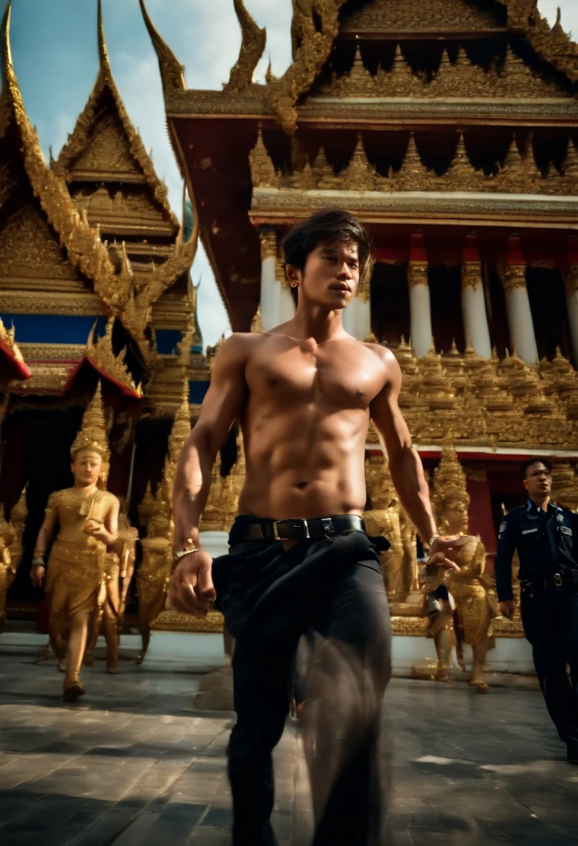Naked photo of a stunning naked handsome muscular Thai man, no female, honey eyes, short messy windy light brown hair, flipping hair, closeup zoomed in tight crop portrait, walking down a (paradisiacal city scene:1.2) (Thai Temple scene:1.5) (Lighting-blue:1.2), (surrounded by 6 sexy Thai policemen:1.2) foreground objects background details (masterpiece:1.2) (Extreme Low-Angle View:2) (photorealistic:1.2) (bokeh:1.2) (best quality) (color grading) (detailed skin:1.3) (intricate) (8k) (HDR) (cinematic lighting:1.3) (sharp focus), messy windy hair