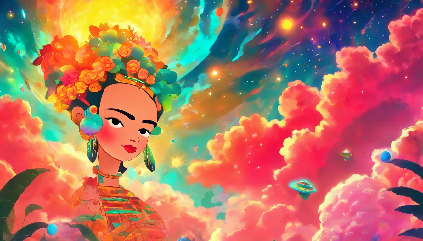 Detalhes do HD, Frida Kahlo in space, planetas em segundo plano, psychedelic cosmic horror, psychedelic illustrations, cosmic space, plantas crescendo, O mundo da psicose, Graphic art of background space, cosmic illustration, cosmic space, cosmic lsd poster art, dmt space behind, cena espacial, surreal space, cosmic style