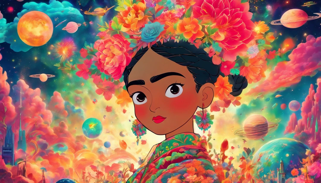 Detalhes do HD, Frida Kahlo in space, planetas em segundo plano, psychedelic cosmic horror, psychedelic illustrations, cosmic space, plantas crescendo, O mundo da psicose, Graphic art of background space, cosmic illustration, cosmic space, cosmic lsd poster art, dmt space behind, cena espacial, surreal space, cosmic style