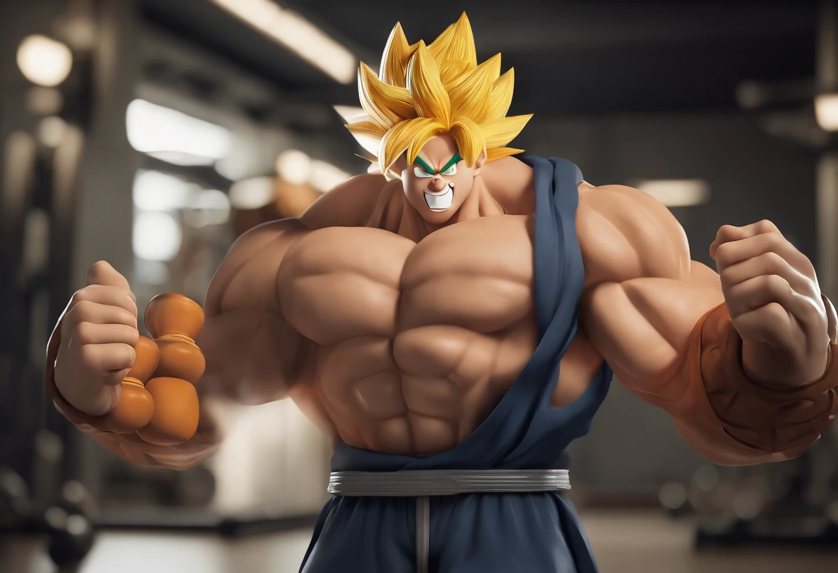 Bowser, muscular, tmasterpiece，best quality，1man，Dragon Ball，son goku，gym room，Bench press，Hold dumbbells in your hand，musculature，Bare upper body，Full body photo，dim murky lights，（neonlight：0.7）