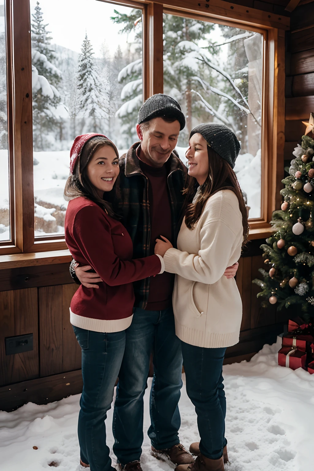 family of 4 1 wife at 50 year old 1 husband at 50 year old 1 daughter at 25 year old and 1 daughter at 28 year old standing cuddled at christmas tree with soft fire glowing in logg cabin with snow at window