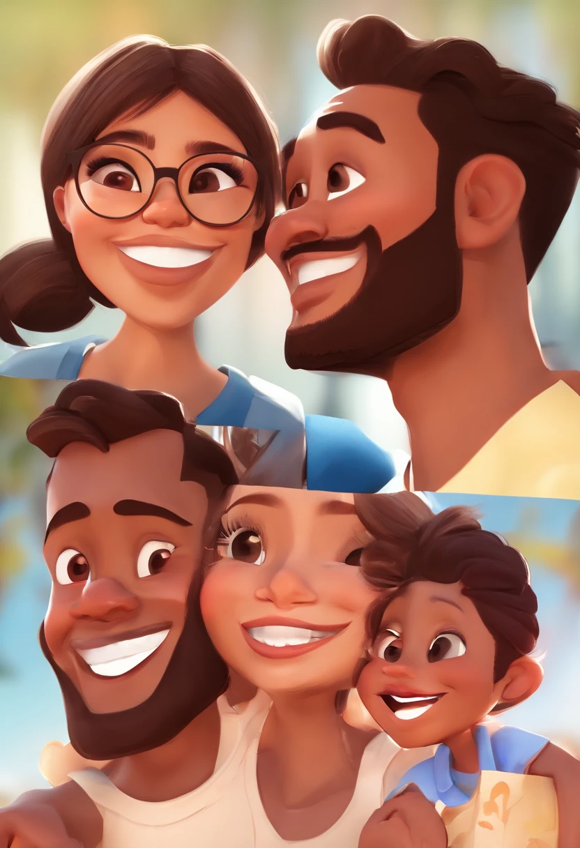 An illustration of an adorable couple, Highlight for a chubby mulatto man with glasses smiling and a brunette woman with beautiful expressive eyes - the man's skin is mulatto and the man's hair haswhile the woman's skin is black and the woman's hair is straight and brown. They are a bright room, cada um com um sorriso no rosto, e compartilhar um momento especial caracterizado pelo amor, Insights. Illustrate this scene from a perspective where they are facing the camera, Smiling and Showing Your Connection. Desenvolva esta arte em Full HD, Focus on your cinematic touch, Estilo Disney Pixar Animations