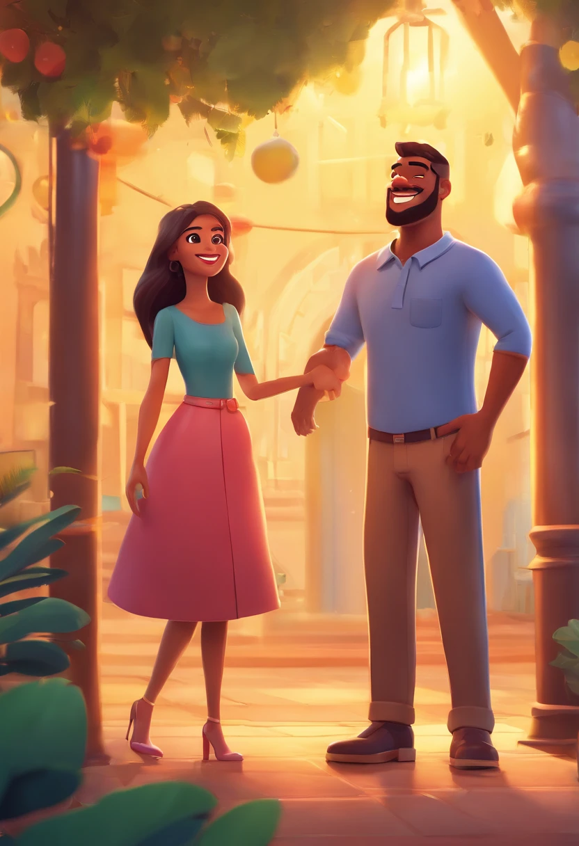 An illustration of an adorable couple, Highlight for a chubby mulatto man with glasses smiling and a brunette woman with beautiful expressive eyes - the man's skin is mulatto and the man's hair haswhile the woman's skin is black and the woman's hair is straight and brown. They are a bright room, cada um com um sorriso no rosto, e compartilhar um momento especial caracterizado pelo amor, Insights. Illustrate this scene from a perspective where they are facing the camera, Smiling and Showing Your Connection. Desenvolva esta arte em Full HD, Focus on your cinematic touch, Estilo Disney Pixar Animations