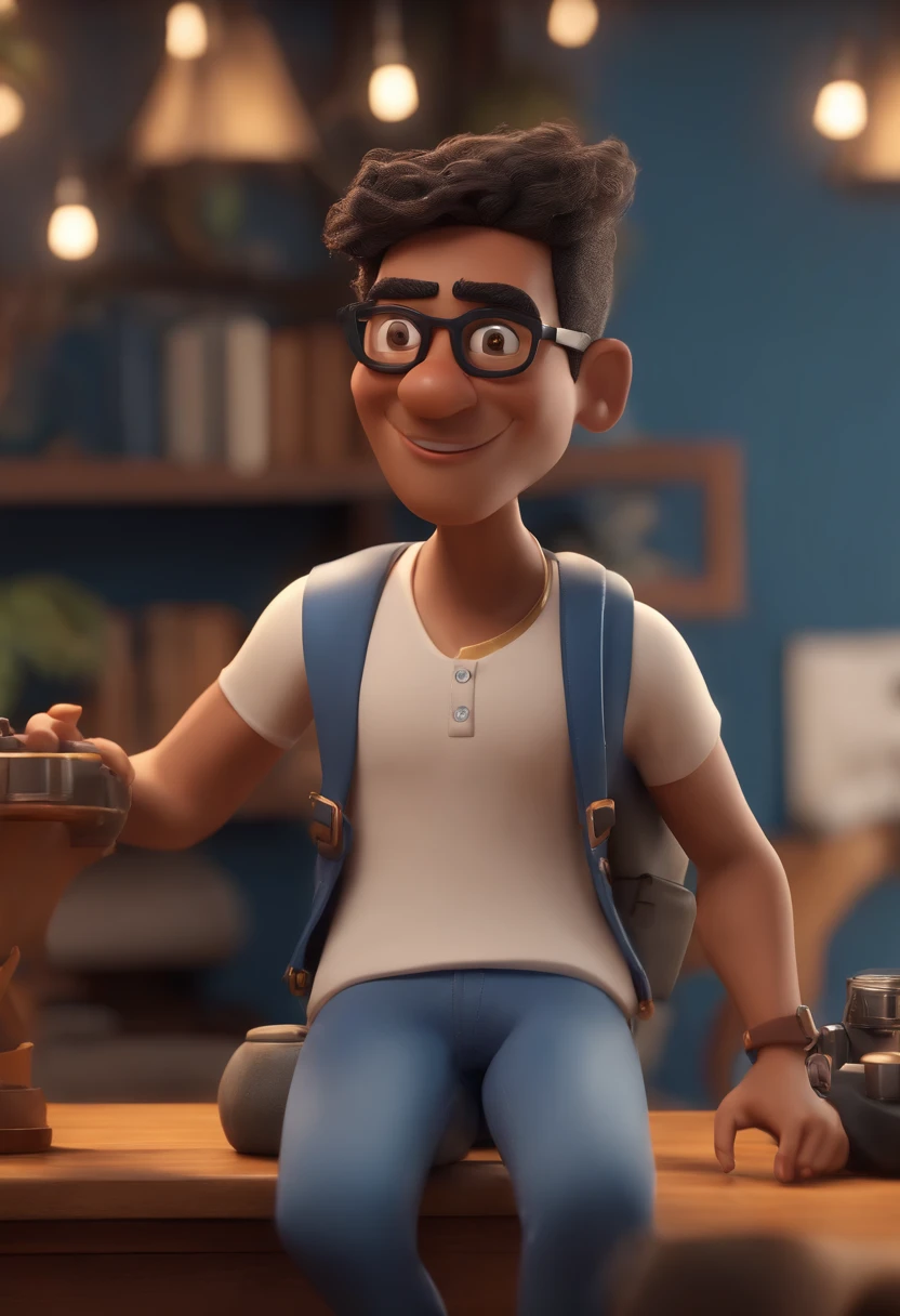 Cartoon character of a man with black glasses, cabelo cacheado marrom escuro e uma camisa azul, animation character, Caractere estilizado, animation style rendering, 3D estilizado, Arnold Maya render, 3 d render stylized, toon render keyshot, Personagem 3D, Personagem 3D, 3d rendering stylized, 3 d character render, personagem de desenho animado, Personagem de close up, Pose de personagem, (Estilo Pixar) (master part:1.2) (Bokeh) (best quality) (pele detalhada) (textura detalhada) (8k) (argila) (Cinematic lighting) (foco nítido