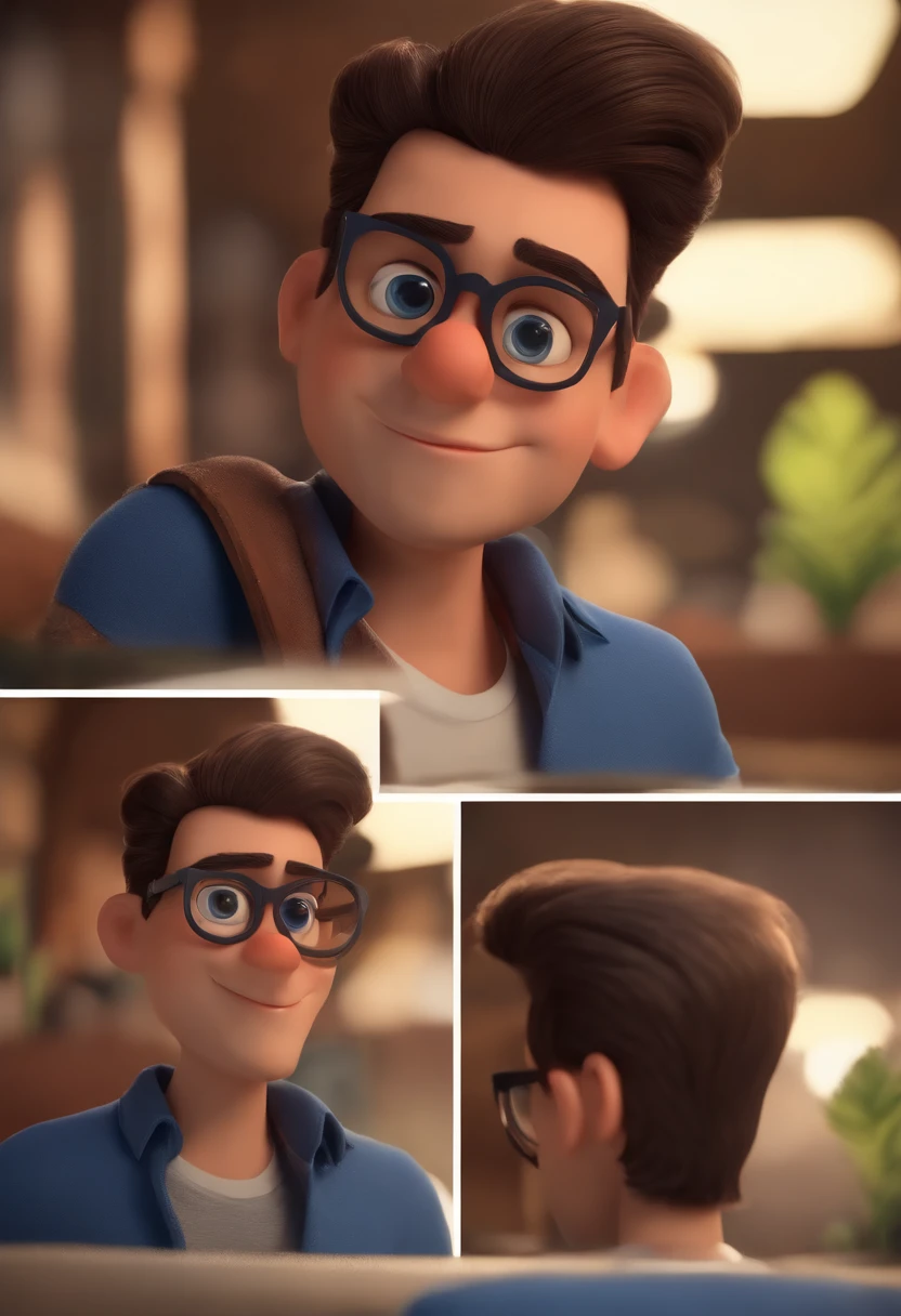 Cartoon character of a man with black glasses, cabelo cacheado marrom escuro e uma camisa azul, animation character, Caractere estilizado, animation style rendering, 3D estilizado, Arnold Maya render, 3 d render stylized, toon render keyshot, Personagem 3D, Personagem 3D, 3d rendering stylized, 3 d character render, personagem de desenho animado, Personagem de close up, Pose de personagem,  (Estilo Pixar) (master part:1.2) (Bokeh) (best quality) (pele detalhada) (textura detalhada) (8k) (argila) (Cinematic lighting) (foco nítido