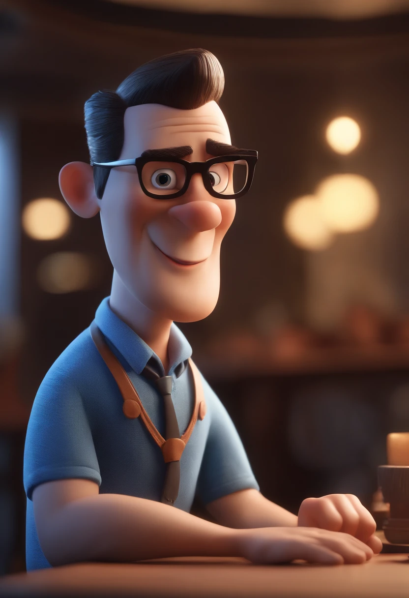 Cartoon character of a man with black glasses and a blue shirt, animation character, Caractere estilizado, animation style rendering, 3D estilizado, Arnold Maya render, 3 d render stylized, toon render keyshot, Personagem 3D, Personagem 3D, 3d rendering stylized, 3 d character render, personagem de desenho animado, Personagem de close up, Pose de personagem,  (Estilo Pixar) (master part:1.2) (Bokeh) (best quality) (pele detalhada) (textura detalhada) (8k) (argila) (Cinematic lighting) (foco nítido