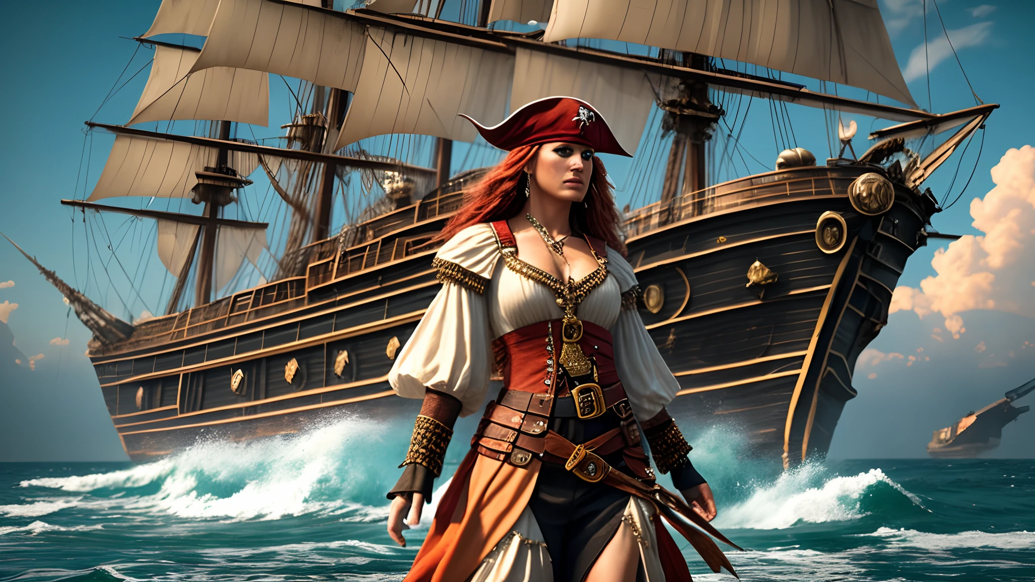 cinematic, ultra realistic, highly detailed, a female dressed as a pirate walking, eye level shot, menace coming, seawind, a pirat ship, peach light, movie still --auto --s2