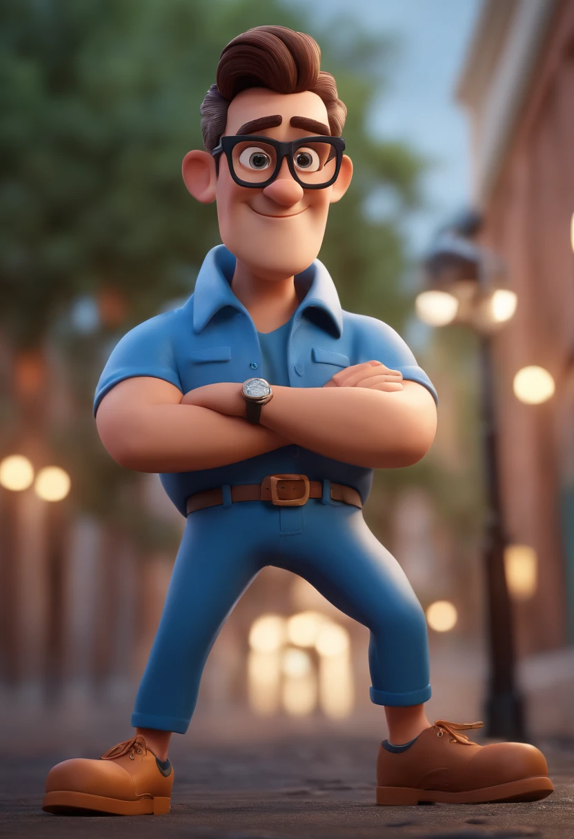 Cartoon character of a man with black glasses and a blue shirt, animation character, Caractere estilizado, animation style rendering, 3D estilizado, Arnold Maya render, 3 d render stylized, toon render keyshot, Personagem 3D, Personagem 3D, 3d rendering stylized, 3 d character render, personagem de desenho animado, Personagem de close up, Pose de personagem,  (Estilo Pixar) (master part:1.2) (Bokeh) (best quality) (pele detalhada) (textura detalhada) (8k) (argila) (Cinematic lighting) (foco nítido