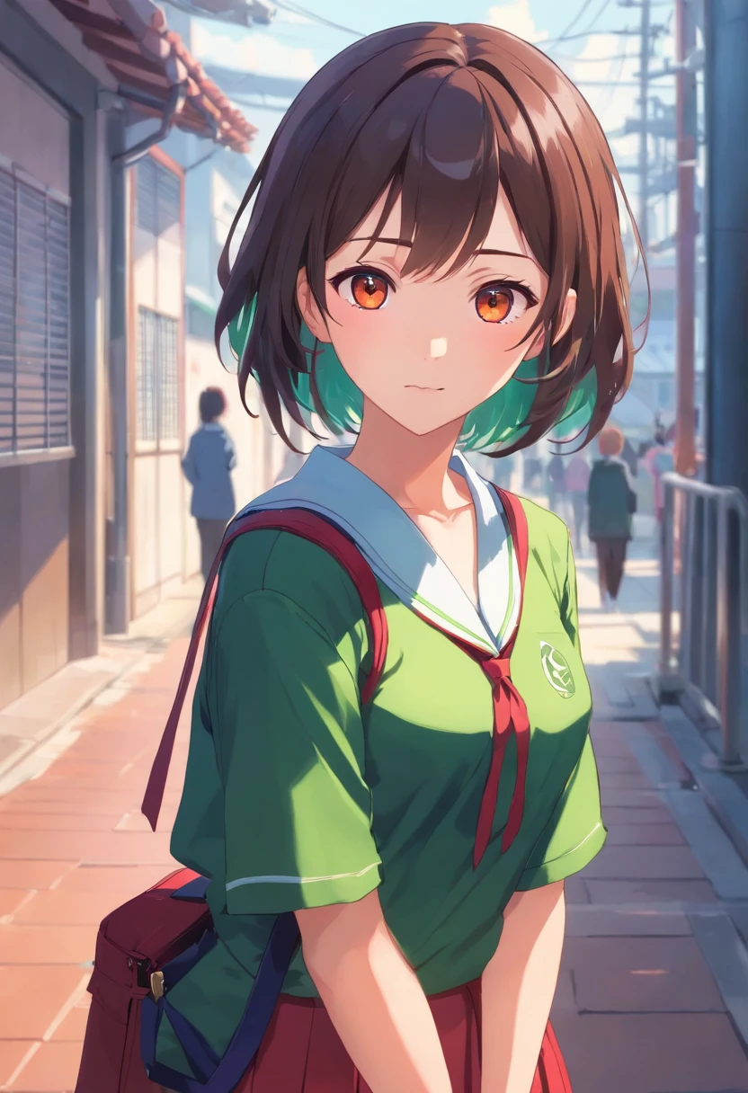 Estilo LoveLive, sozinho, Rapariga, longos cabelos brancos puros, olhos verdes, Japanese school uniform black and red, JK, estudante, foco facial,frente, modelo estilo de tiro,Looking at the Viewer