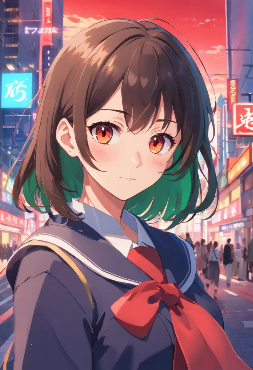 Estilo LoveLive, sozinho, Rapariga, longos cabelos brancos puros, olhos verdes, Japanese school uniform black and red, JK, estudante, foco facial,frente, modelo estilo de tiro,Looking at the Viewer