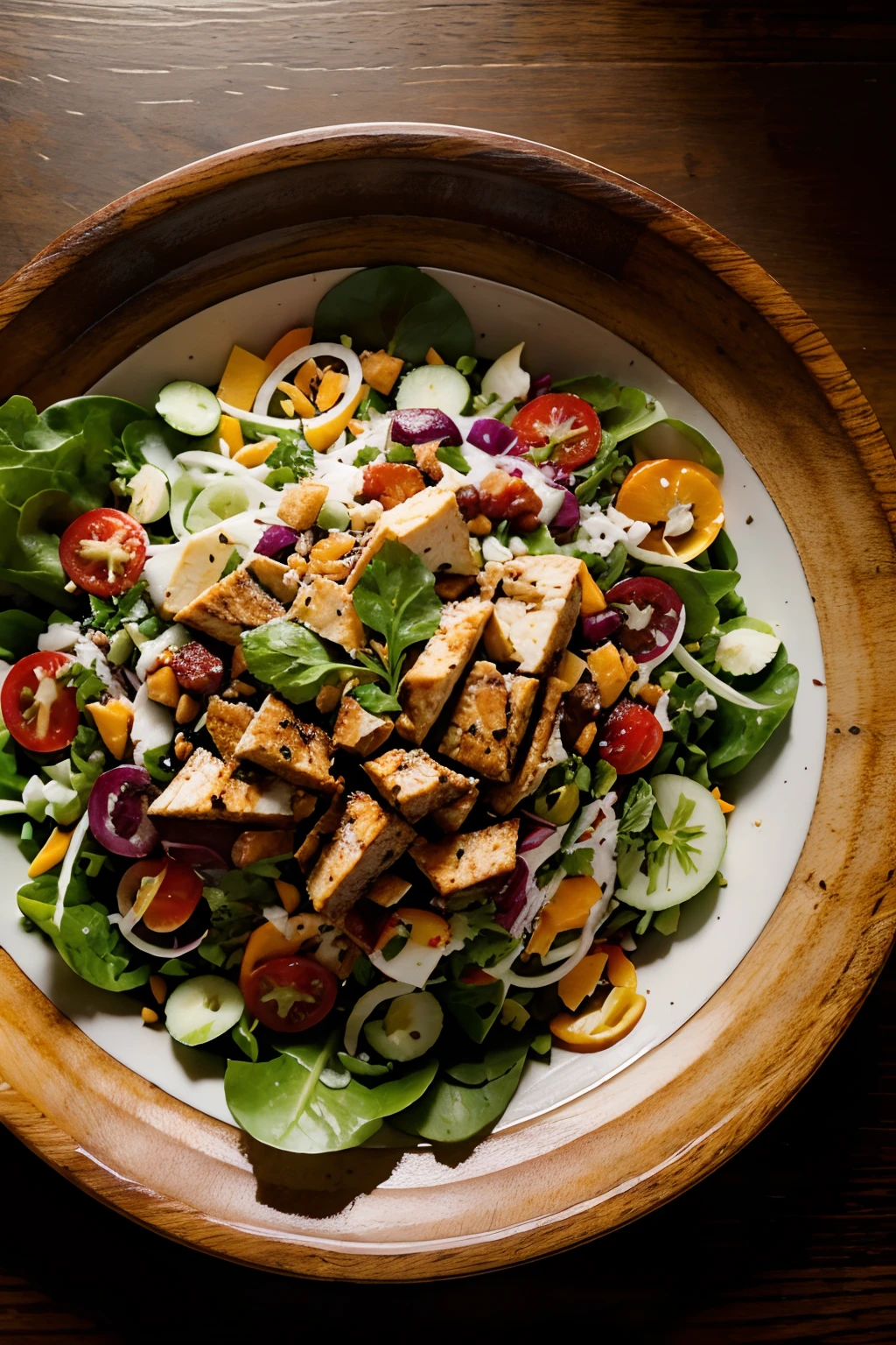 top view, photography of salad dish on wooden table, no chees, food photography, photorealistic, HD, epic photo, dynamic, cinematic, dark background, fine details, top view