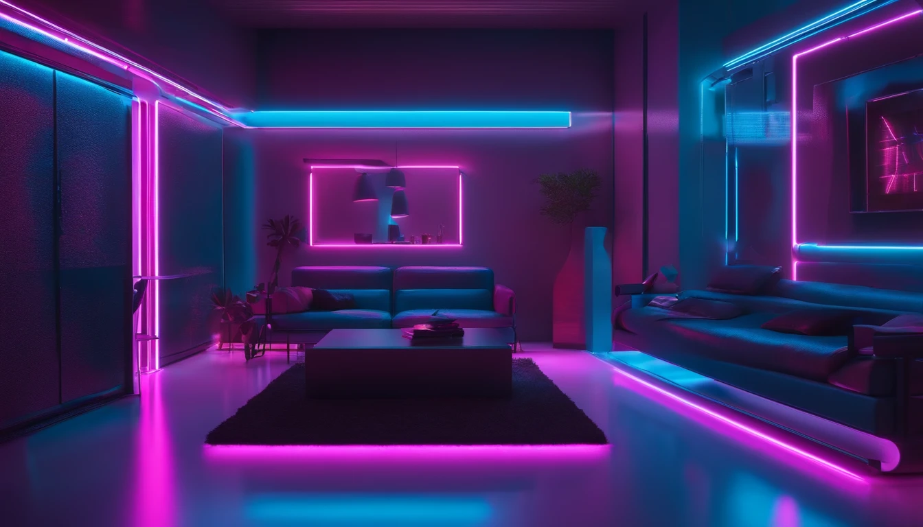 quarto cyber punk com luz neon azul e neon pink, cena distopica com cabos de energia passando, ultra detalhista e ultra realista, iluminacao raytracing\
