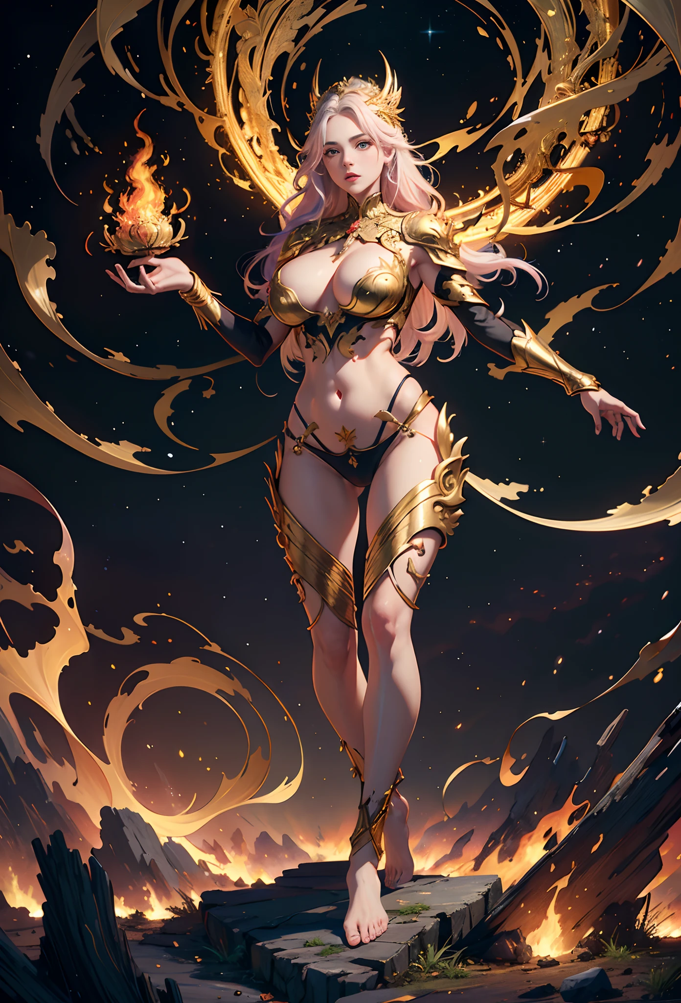 (Masterpiece, (hdr:1.5), Beautiful and aesthetic:1.2),Depicting the goddess of war，She is a great giant，She is a lovely princess，Also a formidable fighter，Flame，lightning in sky，The top of the mountain at the foot of the mountain，Mountains in the distance，(theelementoffire:1.4)，Realistic flames，Composed of fire elements，Highly realistic，Correct anatomy，fully body photo，Bulge，Cute big breasts，revealing breasts，legs separated，plumw，Desire for dissatisfaction，Bare genitalia， Camel toes，Sexy gesture，climaxing，Sexual huge breasts cleavage， Barefoot，Sexy gesture，（Wearing：Transparent fireproof armor，Bare ，）1female，30 age old，Married Woman，熟妇， 独奏，beatiful detailed eyes，（zentangle，datura，Tangles，entangled），holy rays，gold foil，Gold leaf art，Deep background，Fantastic and incredible，Epic composition，(Complicated details，Hyper-detailing:1.2)，Ultra photo realsisim, fearsome, epic realistic, Faded, ((com cores neutras)),(pastel colour:1.2), Detailed face, Detailed eyes，Hyper-realistic, + cinema shot + Dynamic composition, Incredibly detailed, Sharpen, Cinematic, warm lights, Light effect, Dramaticlight, (Intricate details:1.1), the complex background, (greg rutkovsky:0.8),
