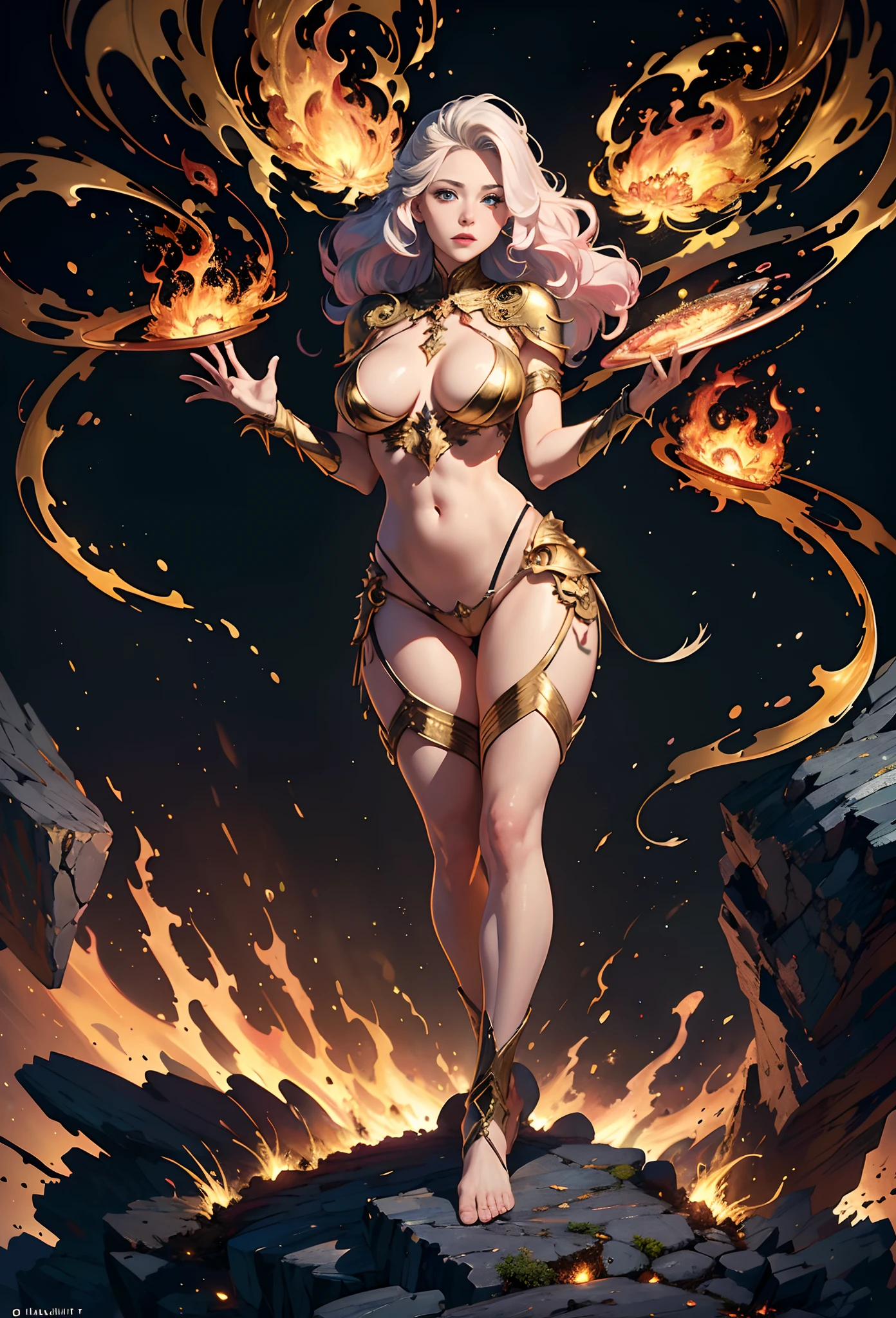 (Masterpiece, (hdr:1.5), Beautiful and aesthetic:1.2),Depicting the goddess of war,She is a great giant,She is a lovely princess,Also a formidable fighter,Flame,lightning in sky,The top of the mountain at the foot of the mountain,Mountains in the distance,(theelementoffire:1.4),Realistic flames,Composed of fire elements,Highly realistic,Correct anatomy,fully body photo,Bulge,Cute big breasts,revealing breasts,legs separated,plumw,Desire for dissatisfaction,Bare genitalia, Camel toes,Sexy gesture,climaxing,Sexual huge breasts cleavage, Barefoot,Sexy gesture,(Wearing:Transparent fireproof armor,Bare ,)1female,30 age old,Married Woman,熟妇, 独奏,beatiful detailed eyes,(zentangle,datura,Tangles,entangled),holy rays,gold foil,Gold leaf art,Deep background,Fantastic and incredible,Epic composition,(Complicated details,Hyper-detailing:1.2),Ultra photo realsisim, fearsome, epic realistic, Faded, ((com cores neutras)),(pastel colour:1.2), Detailed face, Detailed eyes,Hyper-realistic, + cinema shot + Dynamic composition, Incredibly detailed, Sharpen, Cinematic, warm lights, Light effect, Dramaticlight, (Intricate details:1.1), the complex background, (greg rutkovsky:0.8),