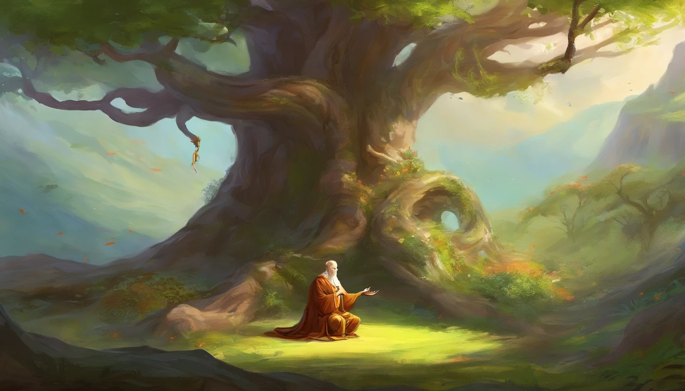 monk under the tree talking to a snake