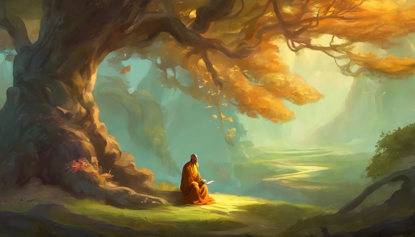 monk under the tree talking to a snake