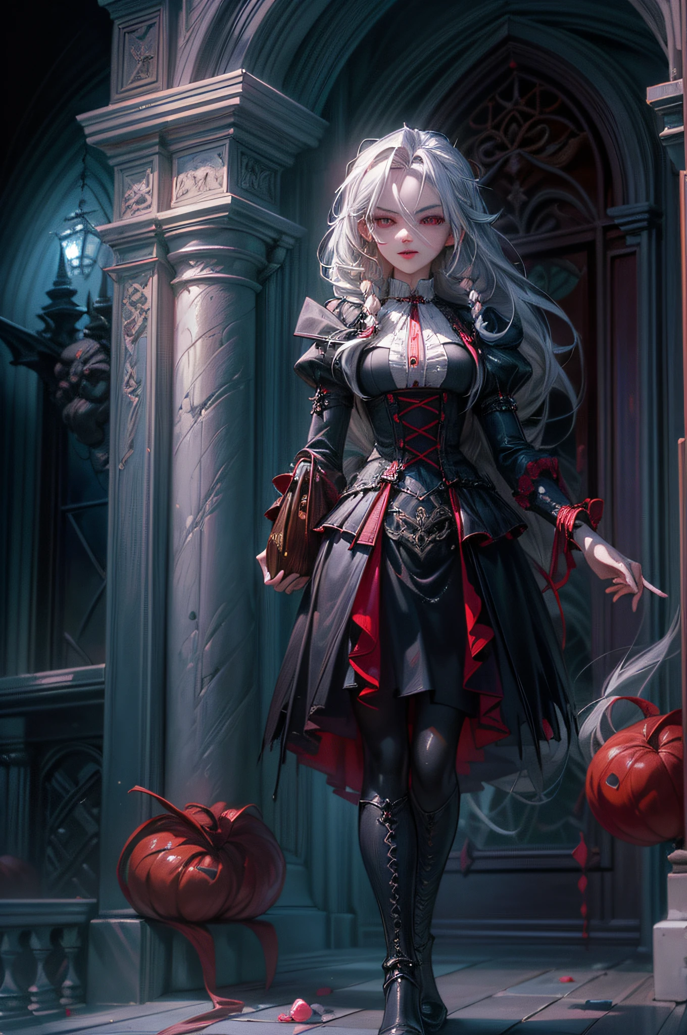 Build a breathtaking,1woman with silver hair and red eyes walking through the woods at night with a full moon in the dark night sky, wearing a ((Red dress)) and a ((Red hood)) wearing ((Red designer_boots)) wearing stockings, carrying a wicker basket of food in the left hand,