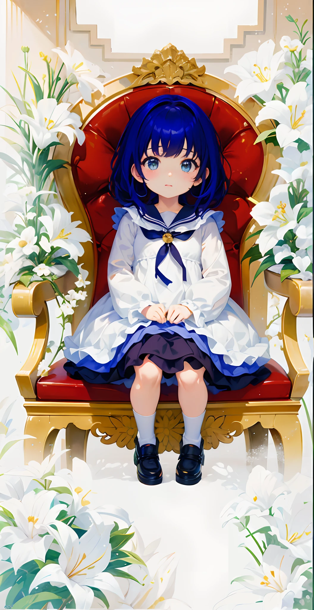 anime sentada em uma cadeira vermelha com flores no fundo, anime moe artstyle, visual anime de uma meninao, Guweiz em Pixiv ArtStation, menina pequei, Loli no vest smallvy loli, Guweiz em ArtStationiv, Arte Zerochan, menina anime bonito, Estilo deanime bonito, anime illustration