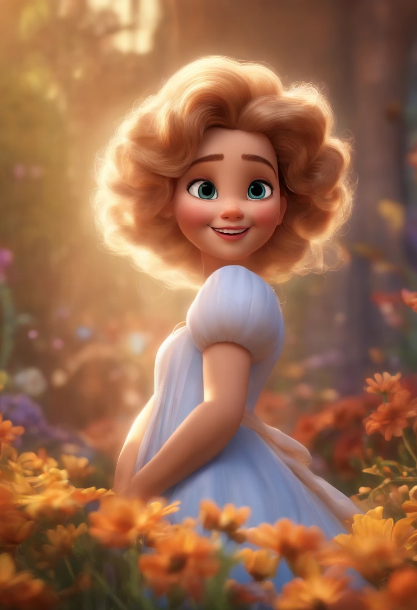 "(best quality,ultra-detalhado,Realistic:1.37),3D rendering,illustration,design de personagens,cabelos curtos e cacheados escuros,belos olhos detalhados,wearing white glasses,Estilo Pixar,morena mulher,Dancing on the Disney stage,atmosfera animada,vivid colors,luzes de palco,expression joyful"